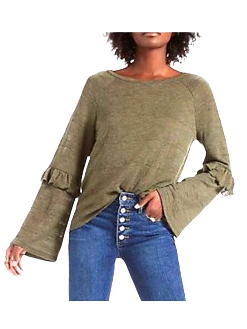 Lucky Brand Sweater Knit Top Womens XS Olive Green Bell Sleeve Ruffled Hem